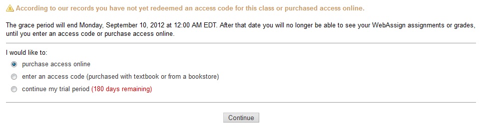 WebAssign purchase screen image